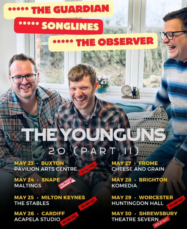 Limited tckets remain for the Brighton show on the Young 'Uns tour.

The Young’uns 20 @theyoungunstrio play Komedia Brighton @komedia_brighton on Wednesday 28th May.

We're thrilled to be making merry with much loved folk trio, the Young’uns, as they celebrate 20 years of singing together.

One night in Stockton On Tees, three teenagers heard strange sounds coming from the backroom of a pub. They went in.
They heard people singing songs they’d never heard before. Songs without instruments. Songs in their own accents. Songs about places they knew. Folk songs. They joined in. Because they were the youngest ones there by several decades, they were soon labeled ‘the Young’uns.’

20 years on and they’ve carried their unfortunate name around the world, from Sydney to Vancouver, from Radio Tees to Radio 4, won 3 BBC Radio 2 Folk Awards and gained a reputation for singing life affirming songs of social conscience in immaculate 3 part harmony.
But as well as their 20th anniversary, Sean Cooney, Michael Hughes and David Eagle will each be celebrating their 40th birthdays on tour!

Please note: the band will play 2 sets of approximately 45 minutes with an interval inbetween.

Doors 7.30pm / Start 8pm
£24 + booking fee in adv / £29 on the door
Seated
Age restrictions – 14+ Under 16’s to be accompanied

Tickets available via the link in our bio @meltingvinylbrighton or at
https://bit.ly/younguns20brighton

.
.
.

#rootsmusic #younguns #meltingvinylbrighton #folkmusic #singersongwriter #folkandmore #brighton #brightonlivemusic #singersongerwriter