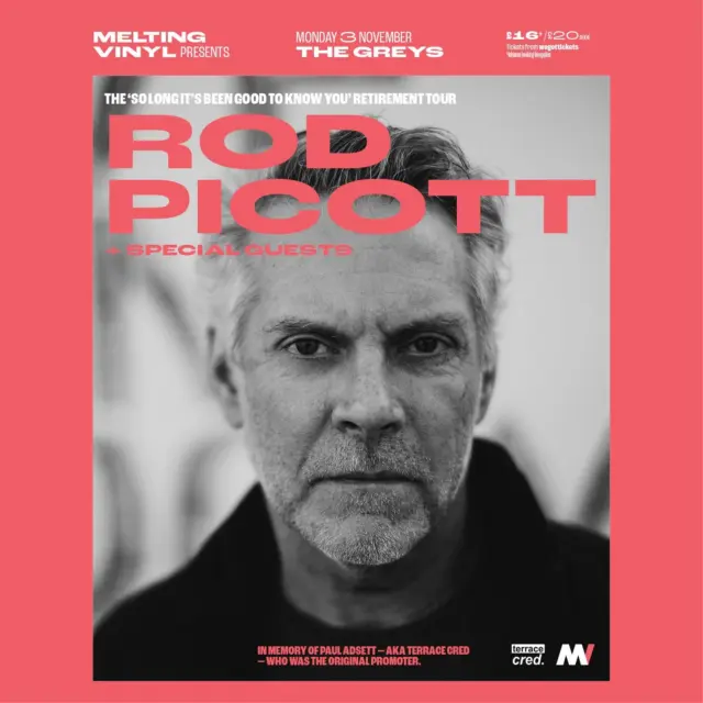 New Show 📢 New Show 📢 New Show 📢 

Showcasing his in-depth Americana songbook, award-winning songwriter Rod Picott @rodpicott brings his compelling live show, gritty delivery and keenly observed songs to the UK for one last time; his 'So Long It's Been Good to Know You' retirement tour at The Greys, Brighton @thegreysfreehouse on Monday 3rd November.

The thrum of insects on a hot August night. A saw blade biting kiln-dried hemlock. The lonesome highway whine of long-haul trucks. A crude swallow of cheap whiskey that tears at your throat. Tears of loss and the easy laughter of old friends. This is the sound of Rod Picott's world.

Over twenty-four years, twelve albums, three published books and a few thousand shows... through luck and white-knuckled determination Picott has been fortunate to open a tour for Alison Krauss and Union Station, play the Shrewsbury Folk festival, BBC Radio 2 Bob Harris sessions, Maverick Festival and receive the 'Song of the Year' award for his co-write (with Slaid Cleaves) 'Broke Down' at the Austin Music Awards.

Picott has had songs placed in television and film projects including; The FX series Justified and the Michael Douglas film Solitary Man. His song 'Circus Girl' was featured in the PBS documentary Circus. BBC News aired his co-write 'Rust Belt Fields' in a news feature.

The set for this show will feature songs and stories from Picott's quarter-century on the road. 

Tickets and further info:
https://bit.ly/MeltingVinylTickets
@meltingvinylbrighton 

Monday 3rd November
Doors: 7.30pm / Start: 8.00pm
Tickets: £16 in advance + booking fee /£20 on the door
Age restrictions: - 14+ accompanied

In memory of Paul Terrace Cred who was the original promoter of this show.

#folkmusic #folk #folkmusic #livemusic 💥#folkmusicians #newacoustic #indiefolk #indiefolkmusic #americana