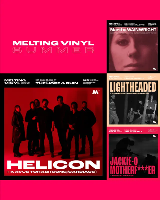 Summer with Melting Vinyl ~

A summer's night of sparkly indie pop: Lightheaded @lightheadedband + Jeanines @jeaninesnyc + Dreamcoaster @dreamcoasterband play The Prince Albert @theprincealbertbrighton #Brighton on Sunday 20th July.

✨ 

Helicon blend neo-psych-rock with sitars, electronica, ambient soundscapes and irresistible grooves to take psychedelic music into fresh, new territory. 
Helicon @heliconglasgow1 with support from Kavus Torabi (Gong/Cardiacs) @kavus_torabi play The Hope & Ruin @thehopeandruin on Saturday 9th August.

✨ 

Jackie-O Motherfucker @jackie_o_motherfucker + special guests also play The Rosehill @the_rose_hill Brighton on Thursday 28th August.
Jackie-O Motherfucker's music draws from a variety of subgenres including various folk musics of the world (American folk and blues, Traditional English folk ballads, etc.), drone, free jazz, psychedelia, and noise rock, and is heavily improvisational in its nature. 

✨ 

We're also thrilled to present the 20th Anniversary Tour: Martha Wainwright @martha.wainwright - to celebrate the anniversary of her seminal debut studio album - at @thebookinghall Dover on Friday 29th August.

“20 years, with 6 other albums under my belt, 2 kids and a career that is chugging along, I can safely say my first record paved my way forward. This tour features great musicians, where I’ll play the record in its entirety as well as a few new songs.”

Martha Wainwright is a Canadian singer-songwriter and musician. She has released seven critically-acclaimed studio albums. Wainwright is the daughter of musicians Kate McGarrigle and Loudon Wainwright III and the younger sister of singer–composer Rufus Wainwright. Her live performances have received critical praise, with The Telegraph writing that her concerts “leave in no doubt that she is a singular star.”

Tickets and further info:
https://bit.ly/MeltingVinylTickets
@meltingvinylbrighton