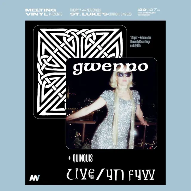 New Show 🧡 

Gwenno (solo) @gwennosaunders + QUINQUIS quinquismusic play St Luke's @stlukeschurch_brighton #Brighton on Friday 14th November.

Forty-three years into her life, Gwenno Saunders has been many people. The disaffected Cardiff schoolgirl; the teenage Las Vegas dancer; the singer in indie pop group The Pipettes. There was a turn in a Bollywood film, a nightclub tour, a stint cleaning floors in an East London pub. Long before she would become an acclaimed solo songwriter in both Welsh and Cornish, a winner of the Welsh Music Prize, a nominee for the Mercury, a Bard of the Cornish Gorsedh, there were the days of Nevada, London, Brighton; of Irish dancing, techno clubs, messiness and chaos.

Utopia, Saunders’ fourth solo album, is an extraordinary exploration of all of these selves. These are songs of discovery and range from floor-fillers to piano ballads, via contributions from Cate Le Bon and H. Hawkline, and encompass William Blake, a favourite Edrica Huws poem, and the Number 73 bus.

It is her finest work to date, Utopia began quite differently to its predecessors. First came the realisation that in order to capture this specific time in her life she would need to use English. “I think the way I’ve managed to write in English is by acknowledging that I can’t translate a lot of memories,” she says. “I’ve found that idea really important to explore. I think if I’d just stayed in Wales, and I hadn’t lived anywhere else or experienced any other culture then it would be really different. I would’ve made records in Welsh, but I left home at 16.”

 'Utopia' - Released on Heavenly Recordings, July 11th.

QUINQUIS, the first female electronic music producer composing in Breton language, is redefining the boundaries of music in Celtic languages with a sound that is as rooted in history as it is relentlessly forward-thinking. 

Melting Vinyl presents: 
Gwenno (solo) + QUINQUIS at St Luke's, Brighton on Friday 14th November
Doors 7.30pm / Start 8pm 
£22 + booking fee / £27 on the door 
Seated
All ages welcome, under 16s to be accompanied by an adult.

Tickets and info:
https://bit.ly/MeltingVinylTickets
@meltingvinylbrighton