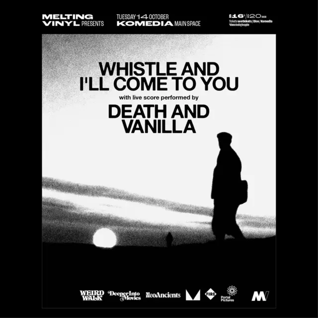 New show 🛎 

“Deploying vintage instruments in their quest for melancholic utopia.”

We're happy to present Death and Vanilla @deathandvanilla 'Whistle And I'll Come To You' Live Score at Komedia, #Brighton @komedia_brighton (main space)  on Tuesday 14th October

Swedish trio Death And Vanilla follow their much-praised re-imagined soundtracks to Vampyr (2017) and The Tenant (2018) with their interpretation of the soundtrack to cult 1968 TV programme Whistle And I’ll Come To You, at a time when post-ambient electronica and bedevilled folk music are cohabiting, and the public’s interest in rites and rituals has been sparked by a new generation of fans. The bizarre storyline of Whistle And I’ll Come To You seems even more pertinent… and strangely haunting.

The Jonathan Miller-adapted 1968 ghost story was originally part of BBC’s Omnibus series and featured Michael Horden as a fussy professor who discovers an ancient whistle which summons up the spirits. A folkloric tale in the style of The Wicker Man, the original TV programme received rave reviews.

Death and Vanilla utilise vintage musical equipment such as vibraphone, organ, mellotron, tremolo guitar and moog, to emulate the sounds of 60s/70s soundtracks, library music, German Krautrock, French Ye-ye pop and 60s psych. They revel in the warmth of older analogue instruments to create an organic sound, each loose wire and off-kilter noise adding to the rich atmosphere.

“Deploying vintage instruments in their quest for melancholic utopia.” ~ Electronic Sound 

Melting Vinyl presents Death and Vanilla 'Whistle And I'll Come To You' Live Score at Komedia, Brighton (main space) 
on Tuesday 14th October
Doors: 7.30pm / Show starts: 8pm
£16 in advance + bf / £20 on the door
Seated
Age restrictions - 14+ Under 16's to be accompanied

Tickets and info https://bit.ly/MeltingVinylTickets
@meltingvinylbrighton