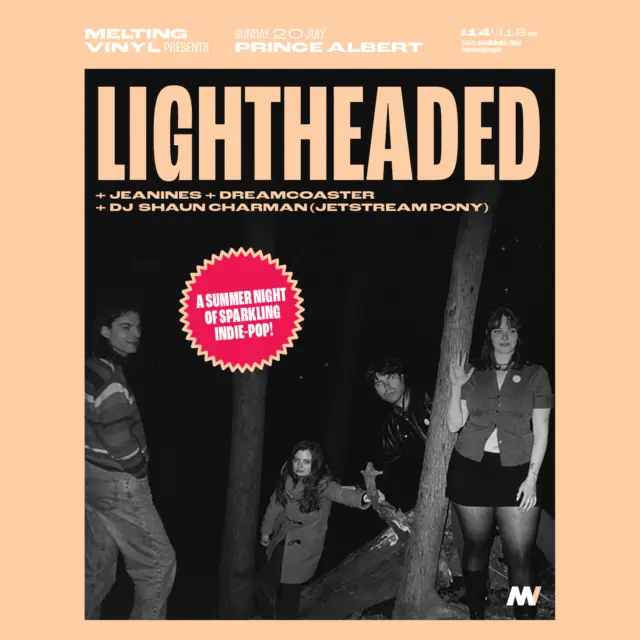 Announcing Jetstream Pony DJ as support for this wonderful show 📣

DJ Shaun Charman (Jetstream Pony) is a guitarist in Jetstream Pony, and the original drummer of The Wedding Present and The Popguns and joins us for summer's night of sparkly indie pop.

Lightheaded @lightheadedband + Jeanines @jeaninesband + Dreamcoaster @dreamcoasterband + DJ Shaun Charman ( @jetstream_pony ) play The Prince Albert @theprincealbertbrighton #Brighton on Sunday 20th July.

Carrying on the long tradition of sentimental pop songwriters, U.S.'s Lightheaded distills decades of jangly, lovelorn tunes into sparkling sounds for modern softies. They have the sunshine sparkle of Margo Guryan, the C86 charm of Dolly Mixture, and the cinematic swell of Belle & Sebastian: a simple case of pure pop for now people.

The band have signed to Skep Wax records in the UK to release a new EP, Thinking Dreaming Scheming, their most collaborative and earnest release to date. Expect baroque pop that feels warm and dusty and adding to all the fun are the cameos and contributions from the new generation of New York indie pop goodness.

Jeanines - Alicia Jeanine and Jed Smith - have charted a distinctive course through the history of pop, evoking influences as varied as the 60s folk of early Fairport Convention and Vashti Bunyan, the sunshine pop of Margo Guryan and the post-Black Tambourine projects of Pam Berry.
Their new album, "How Long Can It Last," finds Jeanines combining richly melodic tunes with crisp arrangements and melodies and harmonies which are simply heavenly, elevating these economical songs to give each the feeling of a lost classic.

A sonic daydream of indie-pop delight, Dreamcoaster are Jane and Andrew Craig - a captivating duo promoting their forthcoming third album.

Tickets and further info:
https://bit.ly/MeltingVinylTickets
@meltingvinylbrighton

Melting Vinyl presents
Lightheaded + Jeanines at The Prince Albert, Brighton on Sunday 20th July
Doors: 8pm. Show starts: 8.30pm.
£14 in advance with booking fee /£18 on the door
Age restrictions: 18+

#sparklyindiepop